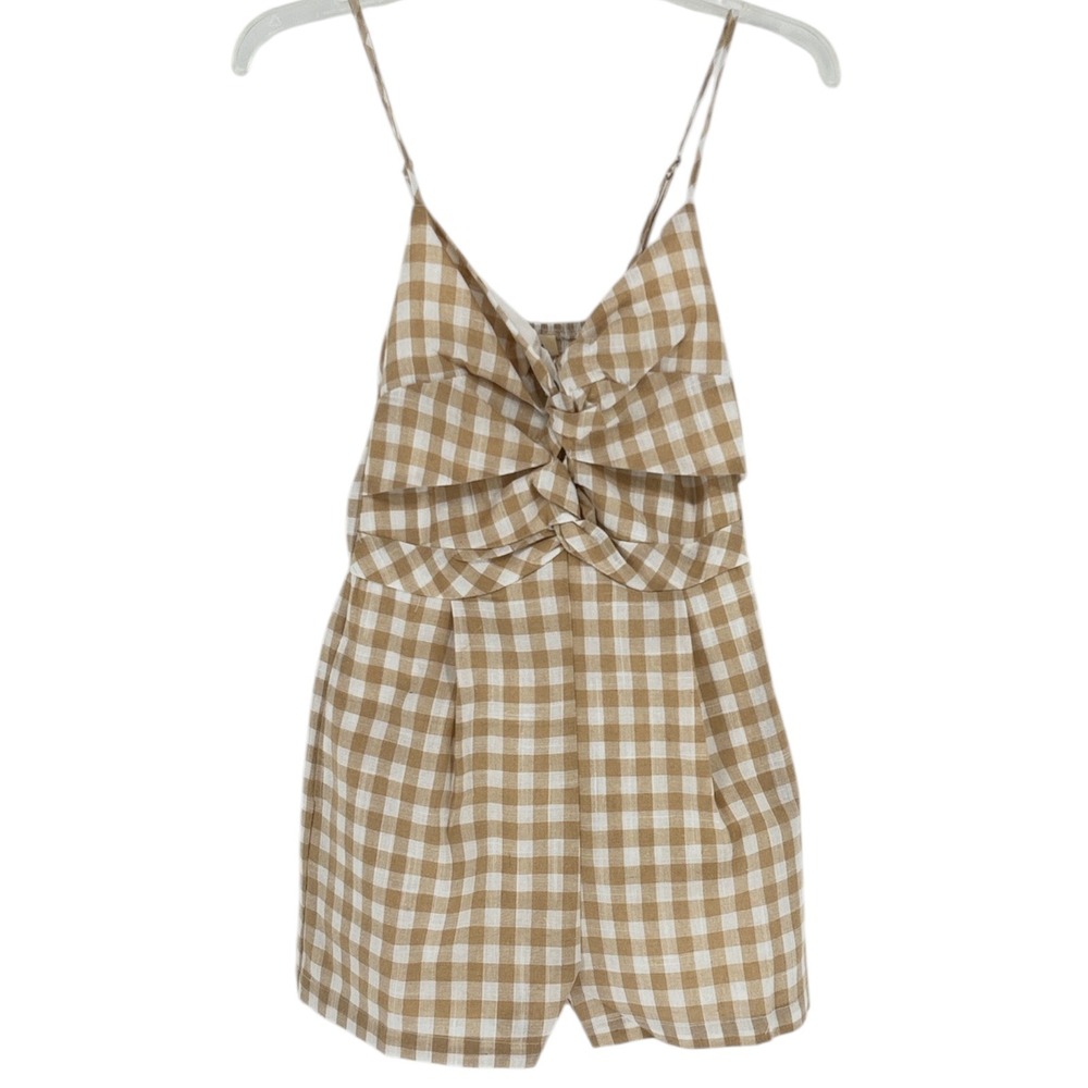 Promesa Tan Gingham Check Romper Knot Front Sleeveless Small NWT Cottagecore